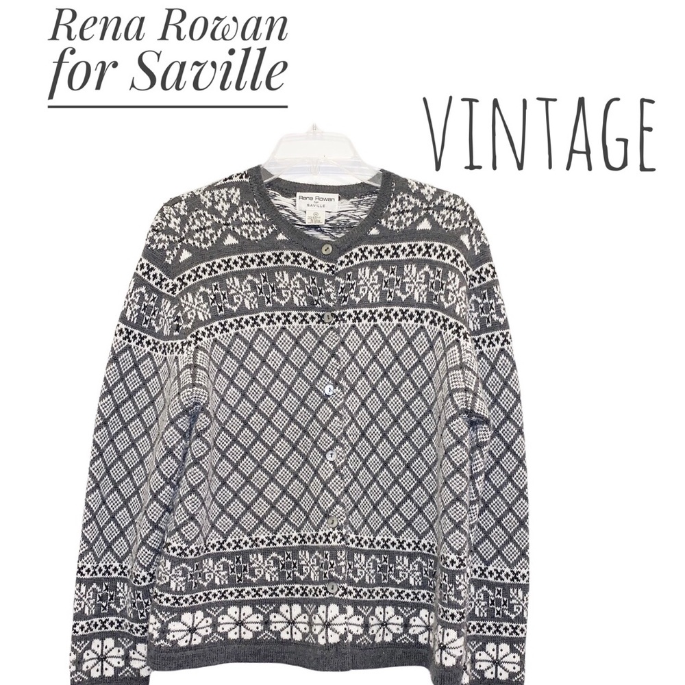 Rena Rowan Cardigan Sweater Snowflake Alpine Nordic Pattern Vintage SOFT M EUC